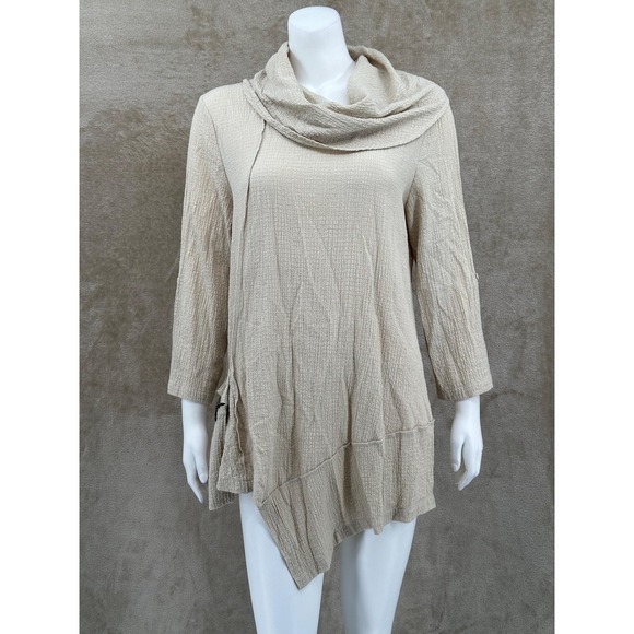 Ali Miles Tops - Ali Miles Top Women Medium Beige Textured Asymmetrical Tunic Cowl Neck Lagenlook